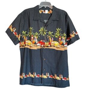 Palmwave Hawaii Black Woody Wagons & Surfboards Print Button Front Shirt Size L
